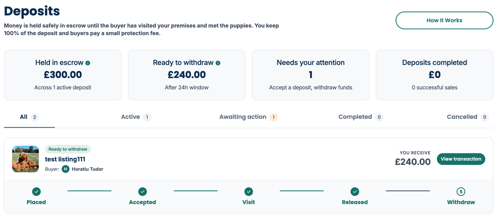 Breeder deposits dashboard showing escrow and withdrawal status.