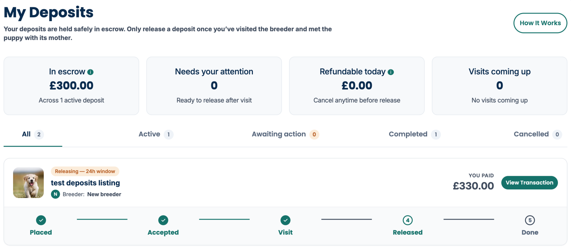 Buyer deposits dashboard showing escrow and refund status.