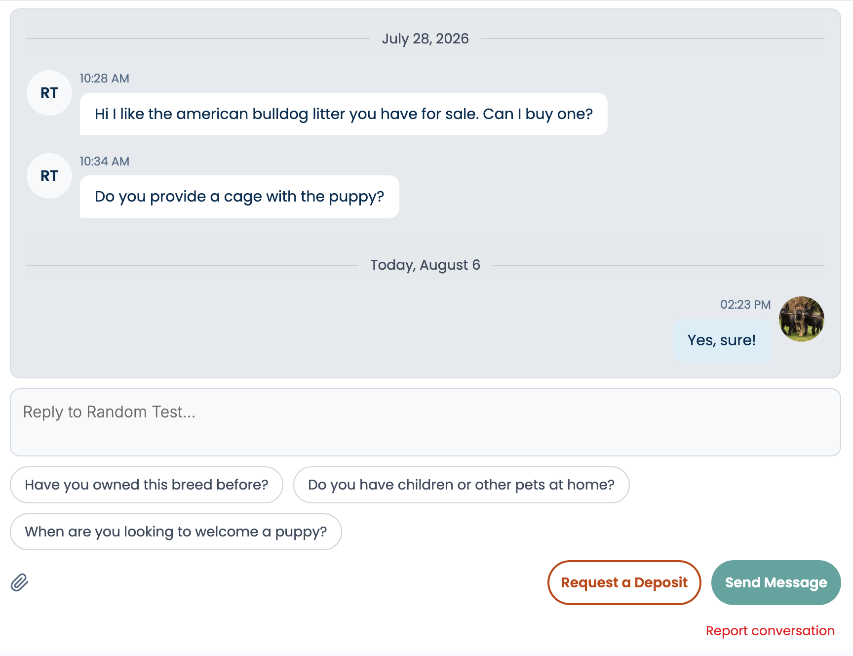 Request a deposit button in breeder inbox conversation
