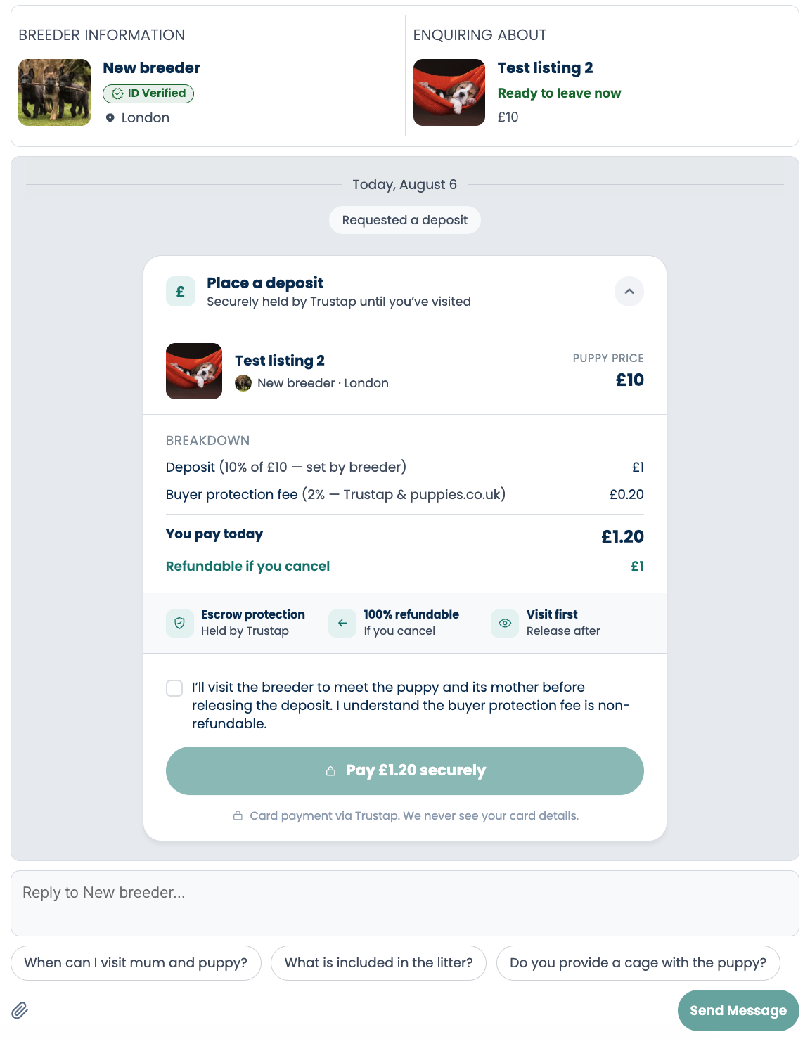 Place a puppy deposit option within breeder chat conversation.