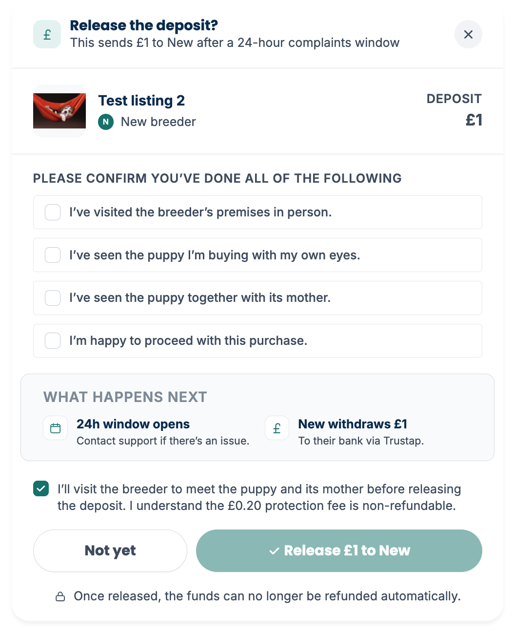 Release puppy deposit confirmation checklist for buyers.