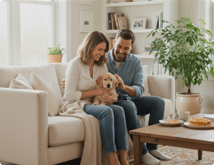 A couple sitting with their new puppy at home